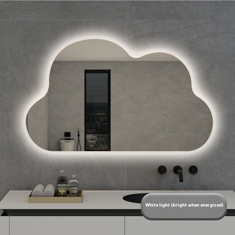 Irregular-Shaped Smart Mirror, Anti-Fog Bathroom Mirror, Wall-Mounted LED Makeup Mirror with Induction Lighting and Touch-Controlled Cloud-Shaped Design.