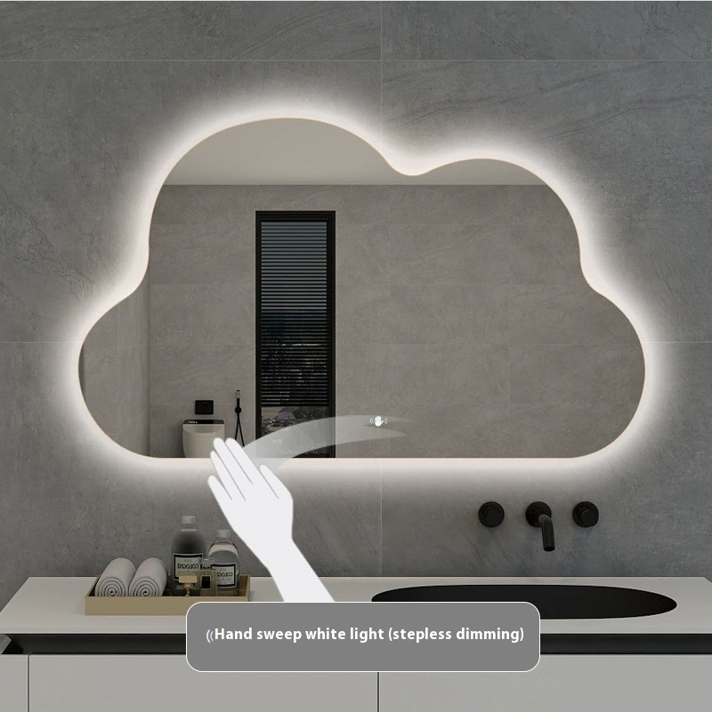 Irregular-Shaped Smart Mirror, Anti-Fog Bathroom Mirror, Wall-Mounted LED Makeup Mirror with Induction Lighting and Touch-Controlled Cloud-Shaped Design.
