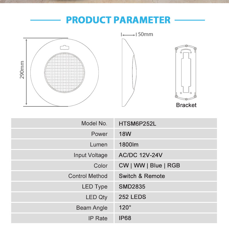 Hotook PC D290mm Wall Mounted Nicheless IP68 12V RGB LED Swimming Pool Lighting