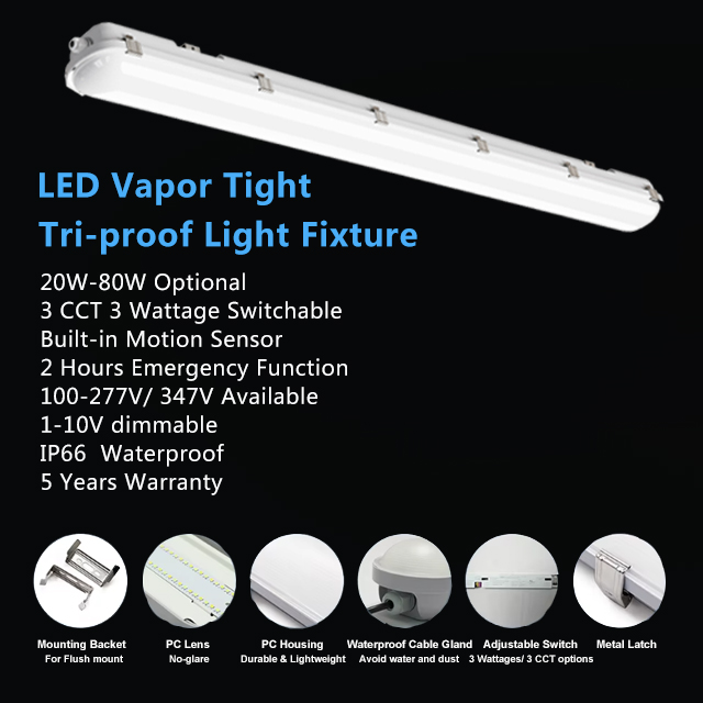40W Vapor Tight Fixture 4 ft LED Light Tube 4800lm Sealed LED Light Fixtures Industrial-grade LED Tri-proof Lighting