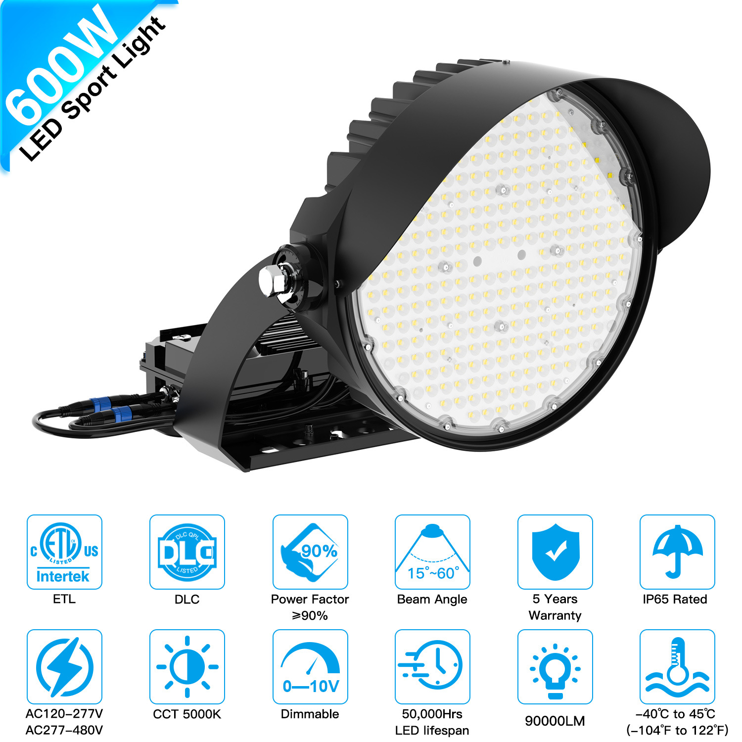 Outdoor IP65 Waterproof Aluminum LED Sports Stadium Light Highlight Energy Saving Super Bright 5000K Square High Pole Road 600W