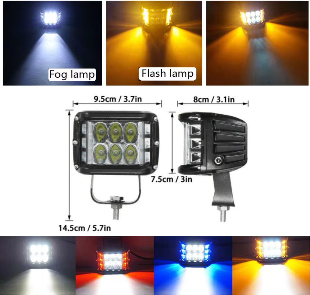 Aluminum 12/24V 4 Inch 45W LED Work Light 3 Sides White Yellow Red Blue Strobe Warning Lamp Off Road Truck Moto Fog Driving Lamp