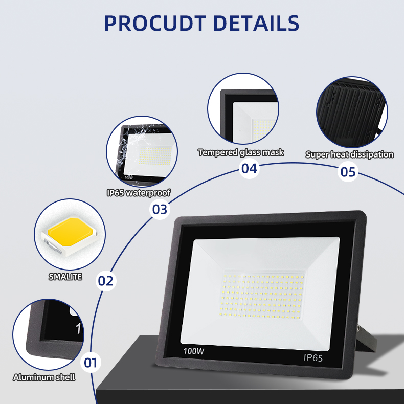 6500k DOB Driver Flood Lights Black IP65 Outdoor Aluminum+ Glass 10W/100W/600W Options 100-265V Garden Stadiums Led Flood Light