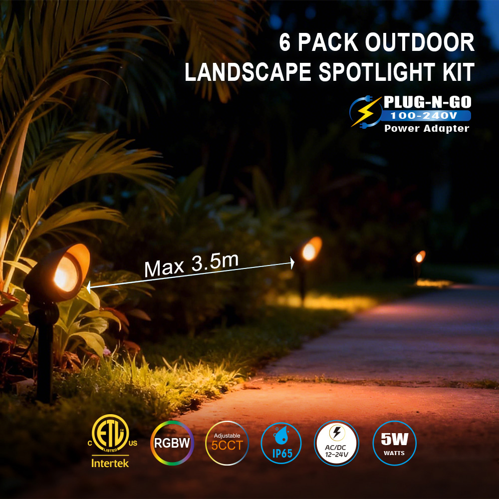 Low Voltage LED Landscape Lights 6 Pack Waterproof IP65 Adjustable Spot Lights ETL Listed 12V 24V Exterior Deck Yard Lighting