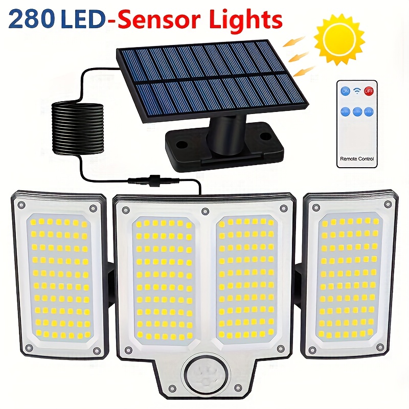 280 LED IP65 Outdoor Solar Lights Motion Sensor Remote Control 3 Modes 3-Head Solar Floodlight Garden Garage Porch Street