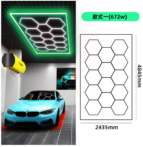 14-Grid LED Hexagon Workshop Garage Light System Honeycomb Design AC Powered 672W 6500K IP20 Bright Waterproof