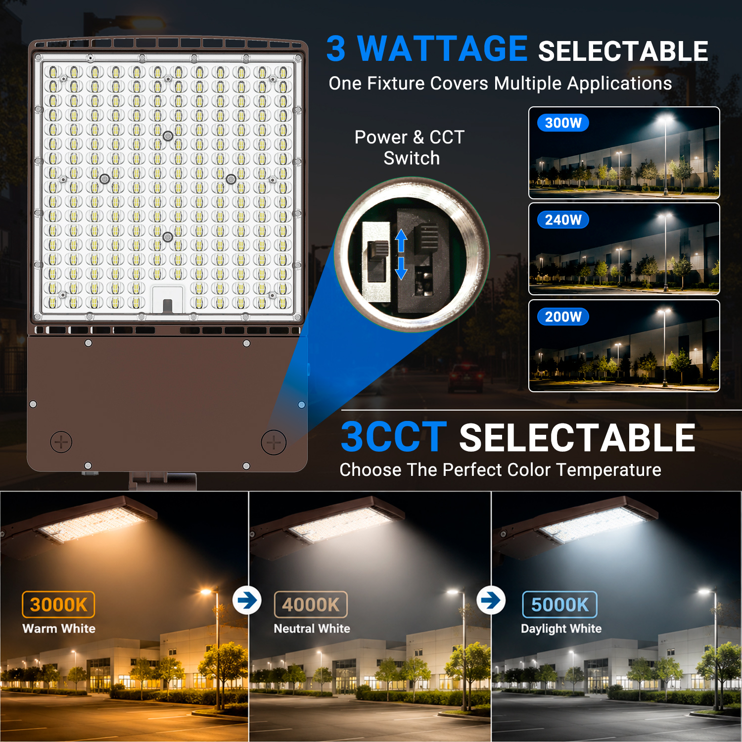 300W Commercial LED Area Lighting Dusk Mounted 300 Watts Led Shoebox Street Light Lamp for Parking Lot Aluminum Body IP65 Power