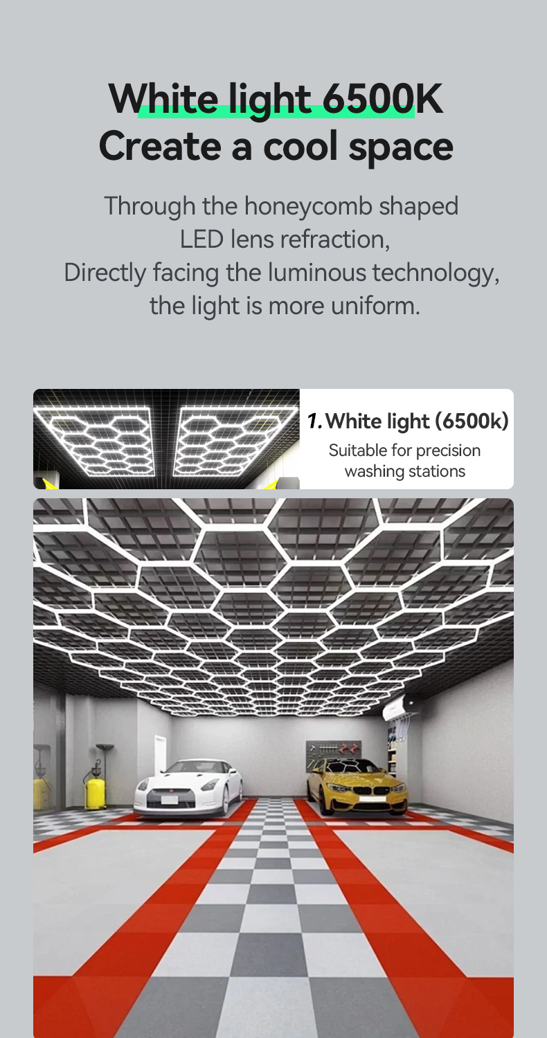 New Hexagonal Led Work Light Ceiling Garage Light Ac220v 6500k 182W/672w Washing Station Honeycomb Light Car Gym