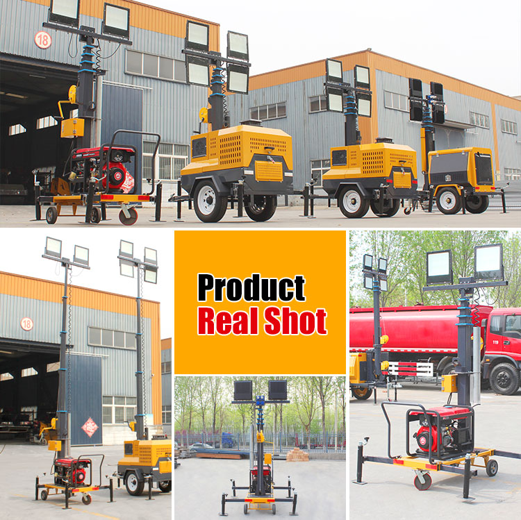 Heavy Duty Trailer Mounted Solar Diesel Hybrid Hydraulic Telescopic Mast 4 LED Floodlights Industrial 6m Mobile Light Tower