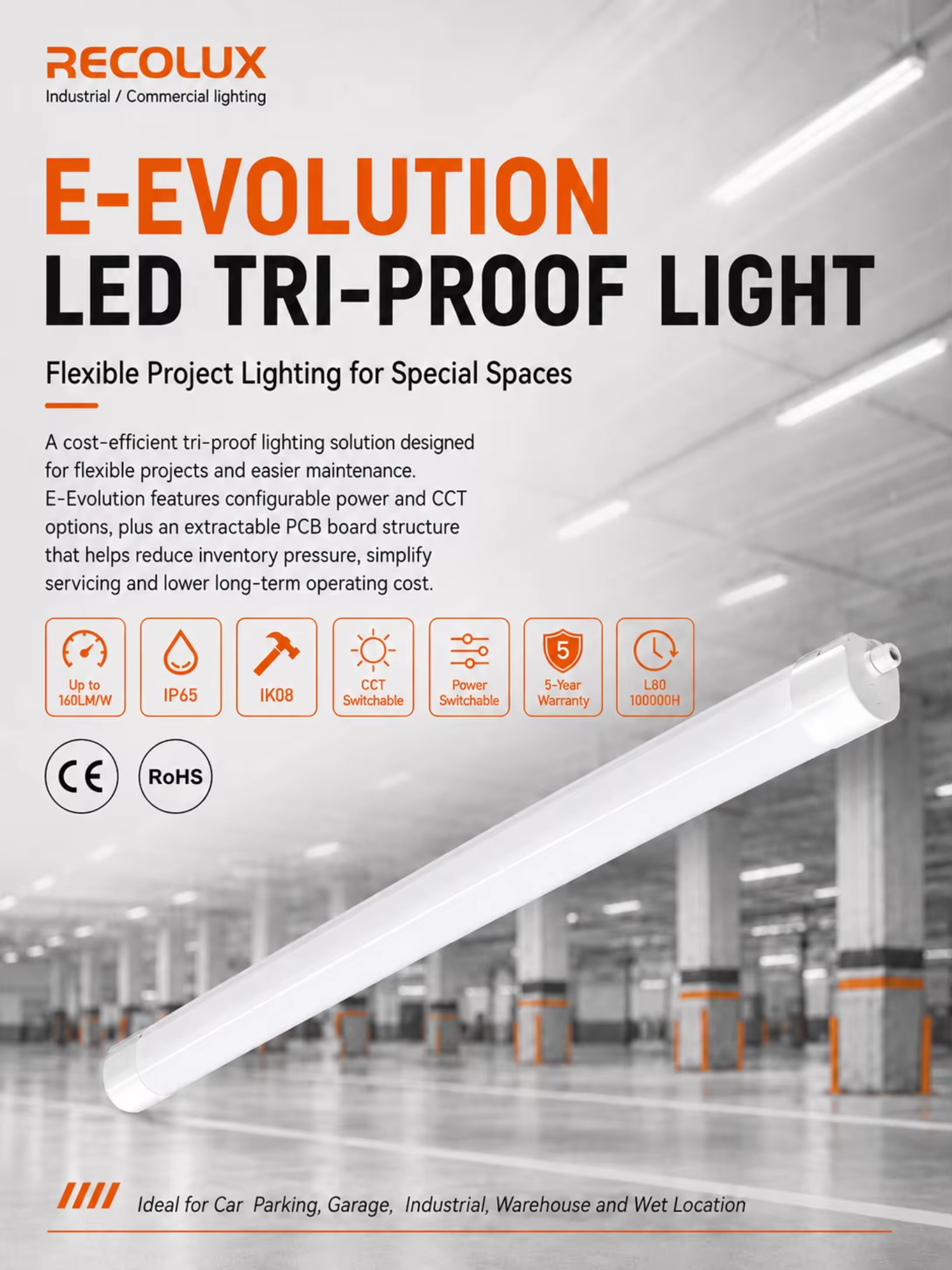 LED Vapor Tight Light Fixture IP65 Full PC Housing with Sensor Emergency CCT Switchable 5-Year Warranty for Parking Garage