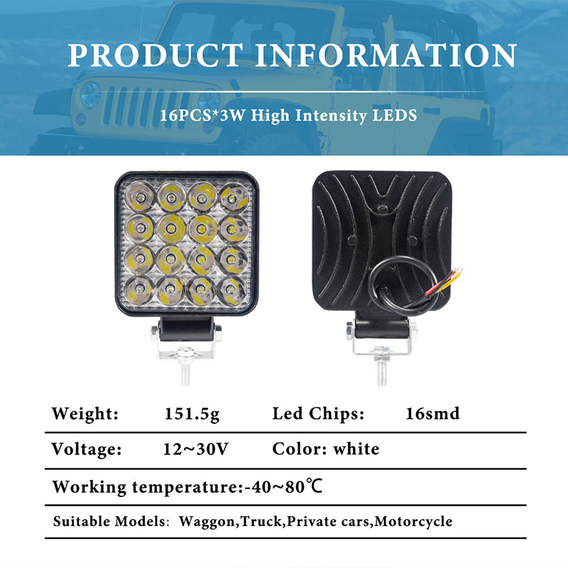 Car Accessories 48W Tractor Truck Square Led Work Light Mini Driving Lights for Vehicle Auto Offroad Led Work Light