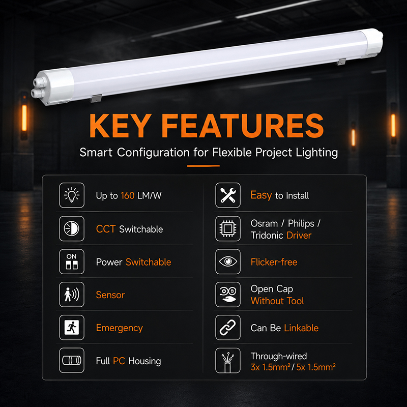 LED Vapor Tight Light Fixture IP65 Full PC Housing with Sensor Emergency CCT Switchable 5-Year Warranty for Parking Garage
