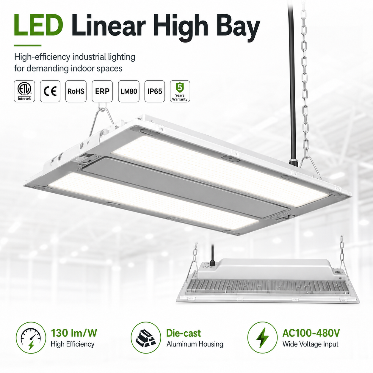LED Linear High Bay 130lm/W IP65 Smart Control Industrial Warehouse Lighting CE RoHS 5 Years