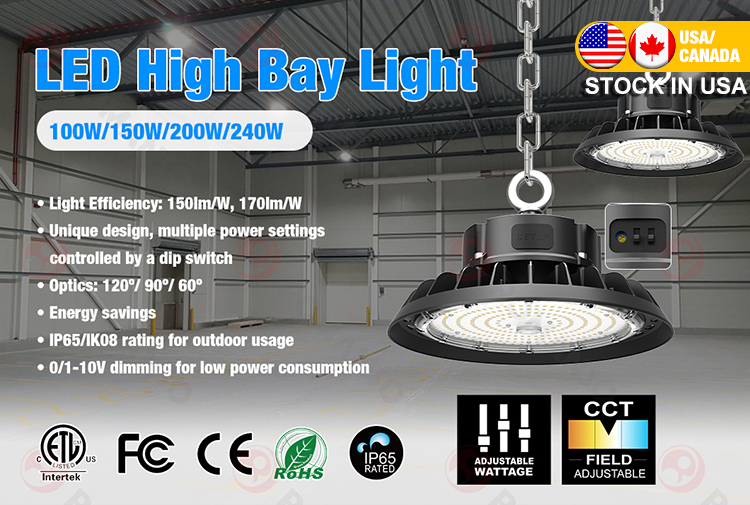 Stock in US Canada EU Power CCT Adjustable 170LM/W 100W-240W UFO LED High Bay Light