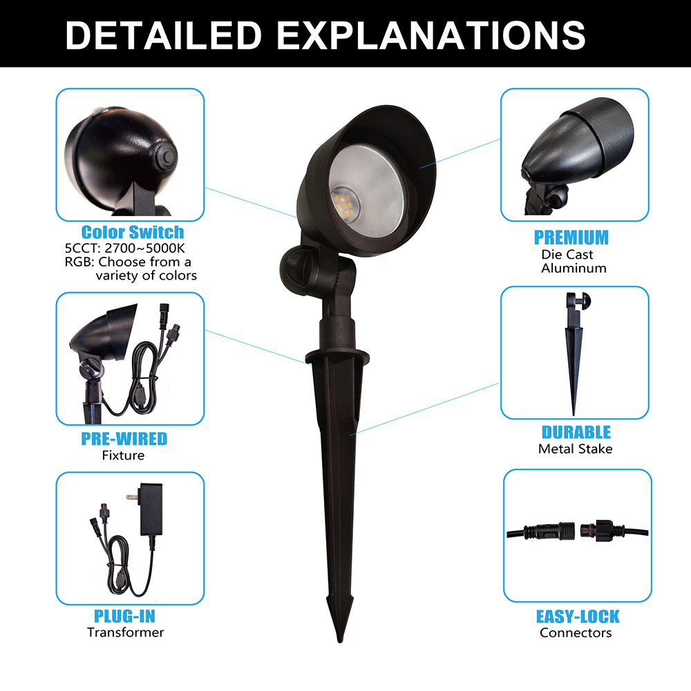 5CCT Manual Dimmable LED Landscape Spotlight 12V 24V Low Voltage 5W SMD LED Outdoor Yard Tree Exterior Garden Spike Light