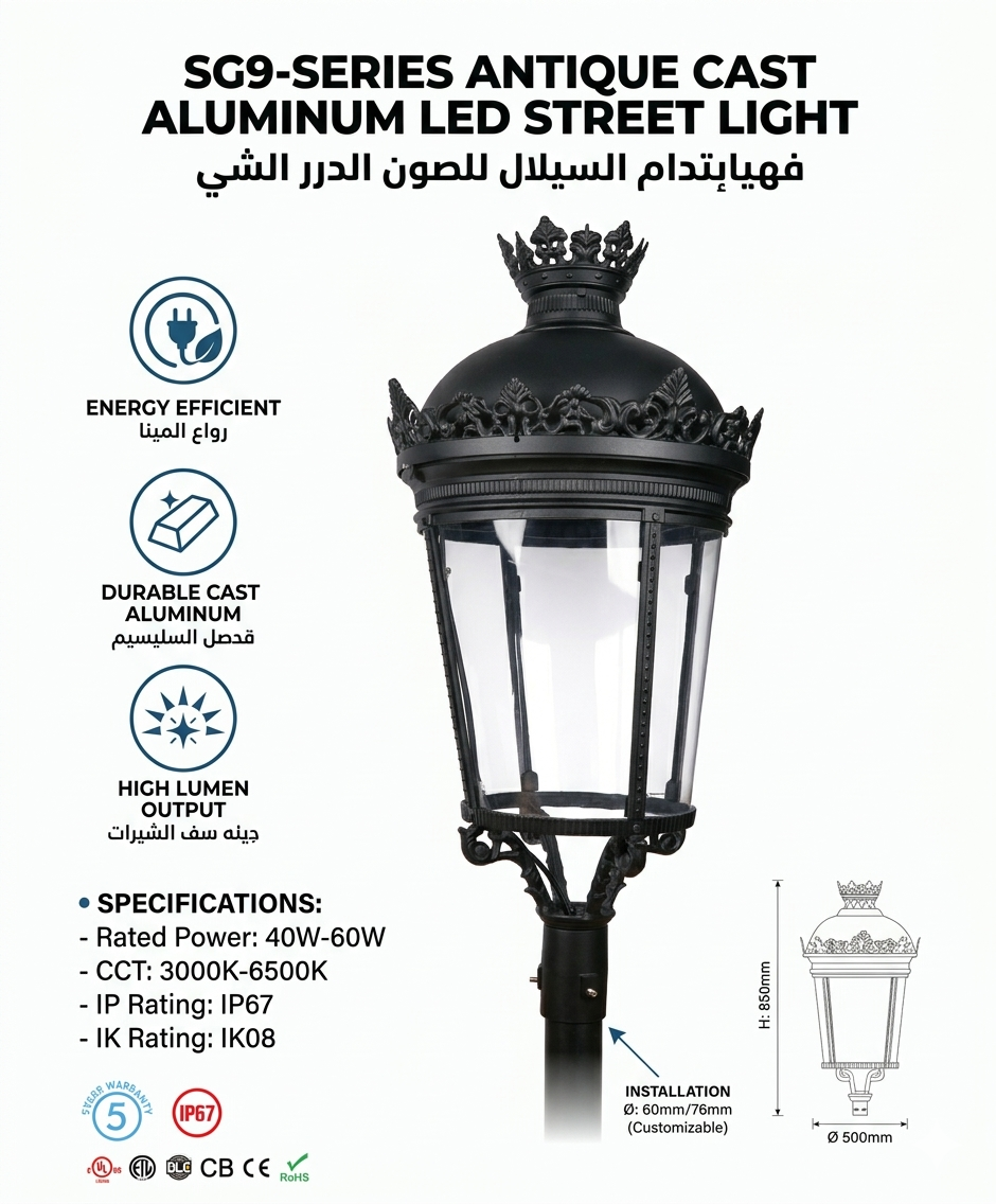 XINDECO SG9 LED Post Top Light Classic European Style IP66 Waterproof Aluminum Outdoor Street Garden Light 5-Year Warranty