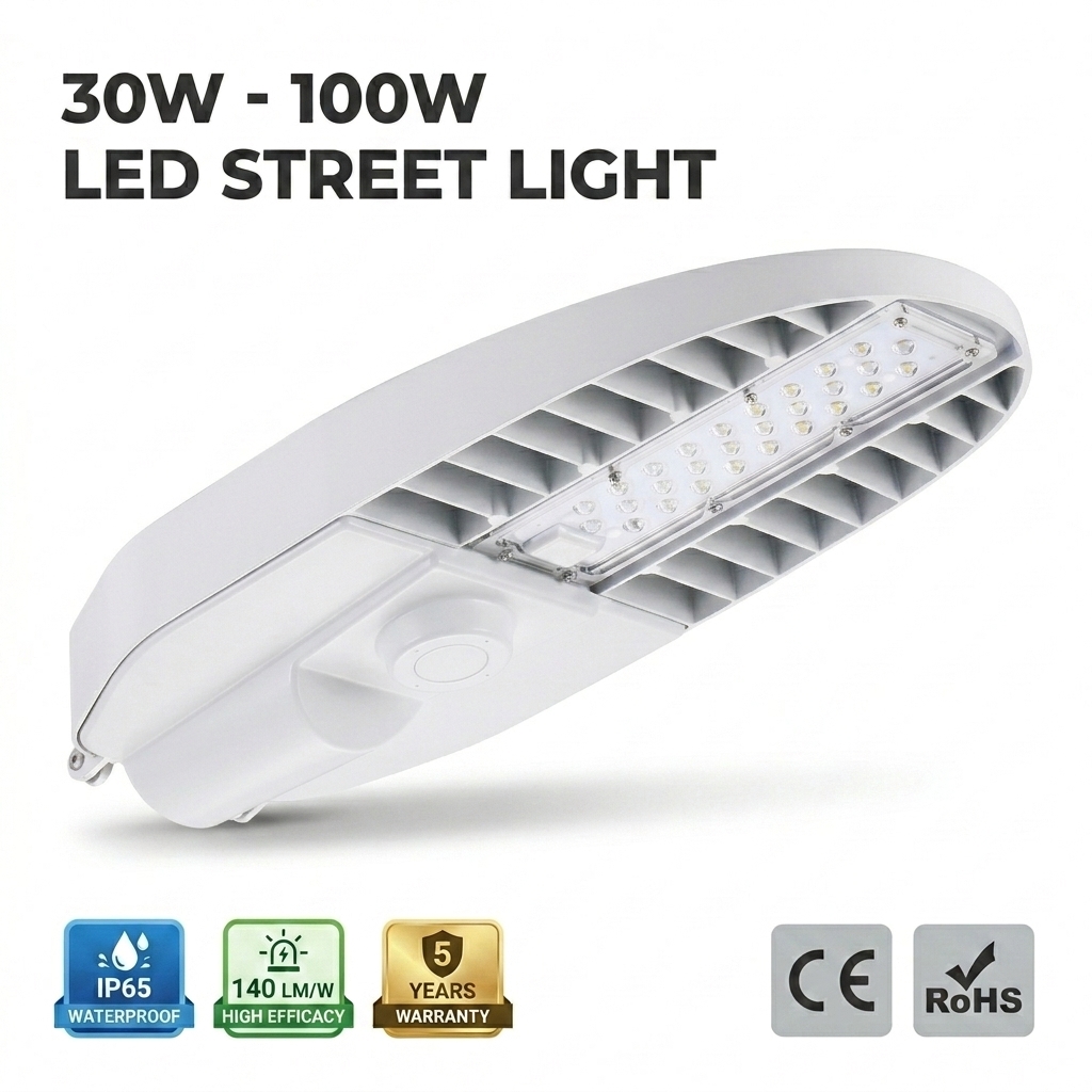 RoHs CE IP65 IK08 30W 50W 80W 100W Outdoor Waterproof LED White Street Lights Dusk To Dawn With Smart Sensor