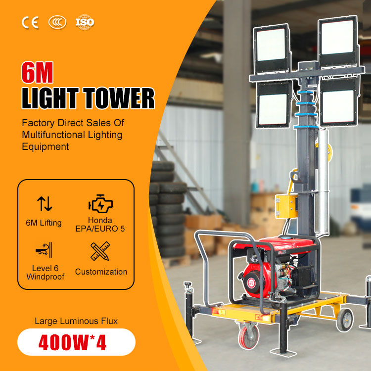 Heavy Duty Trailer Mounted Solar Diesel Hybrid Hydraulic Telescopic Mast 4 LED Floodlights Industrial 6m Mobile Light Tower