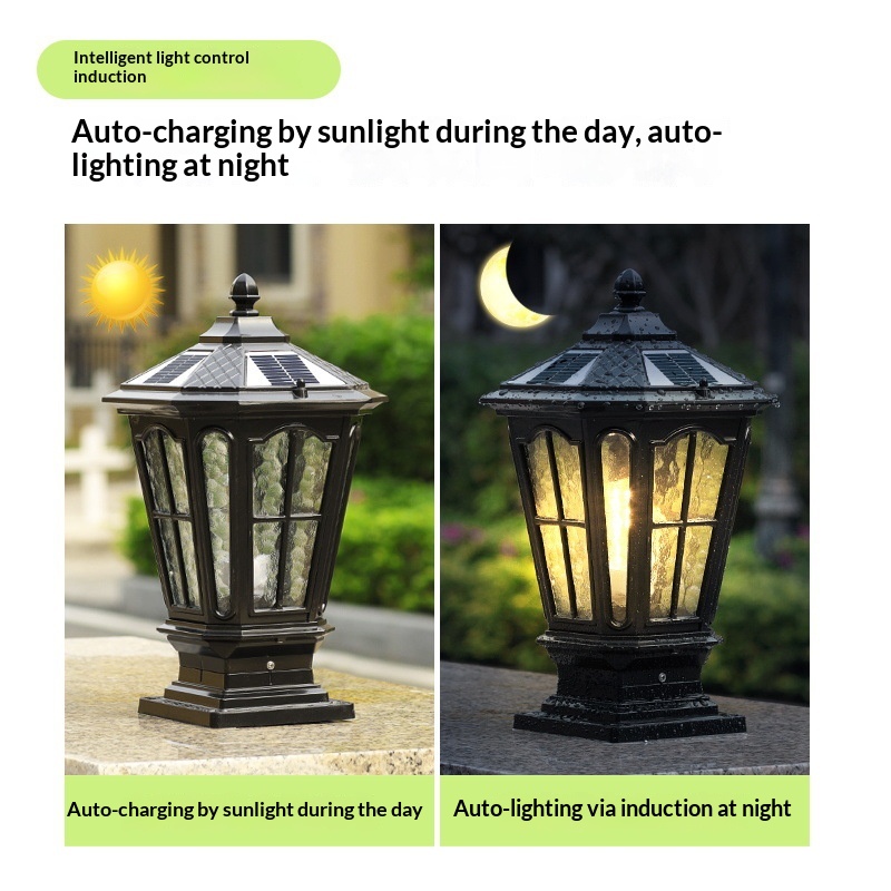 Solar-Powered Pillar Lights European-Style Outdoor Waterproof Fence &amp; Gate Post Lamps American Exterior Wall-Top Column Lights