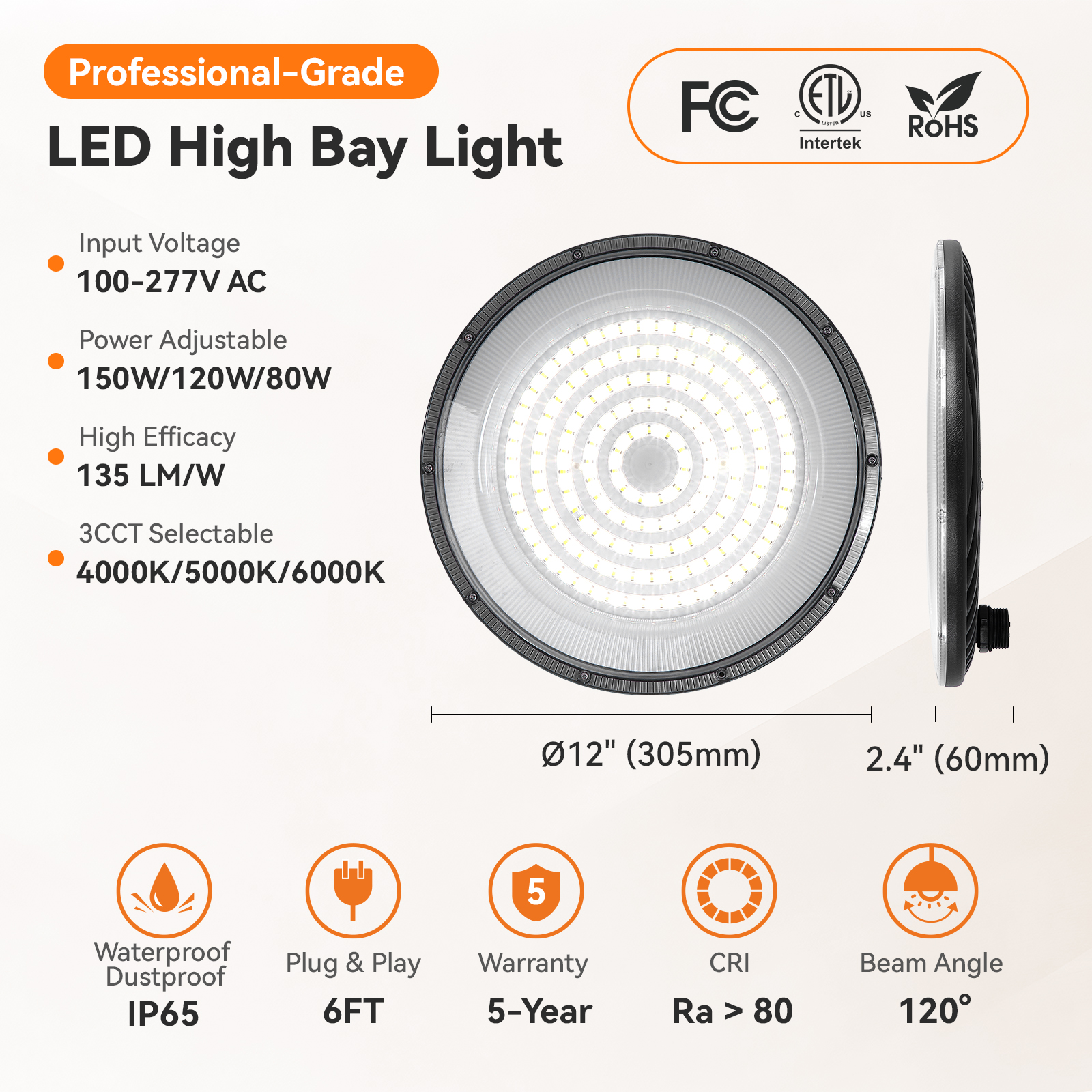 USA Factory Direct LED UFO Highbay Light 20250lm Output IP65 150W Power CCT Selectable UFO Highbay Lights
