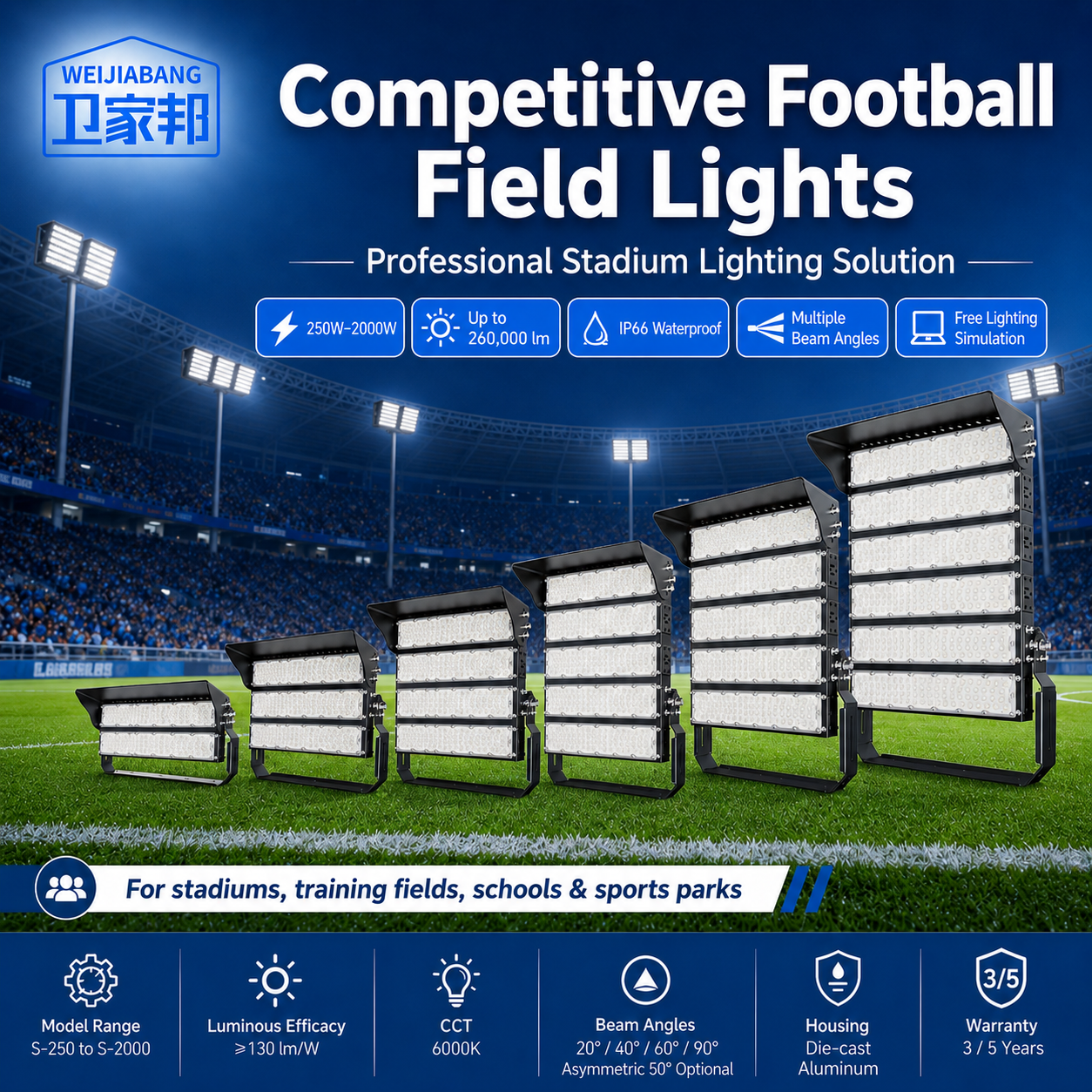 High Power Football Stadium Light, Outdoor Basketball Court Square Floodlight, Tunnel Light, Sports Competition Court Lighting