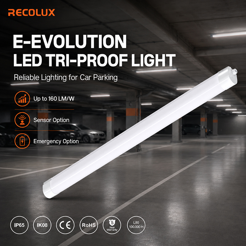 LED Vapor Tight Light Fixture IP65 Full PC Housing with Sensor Emergency CCT Switchable 5-Year Warranty for Parking Garage