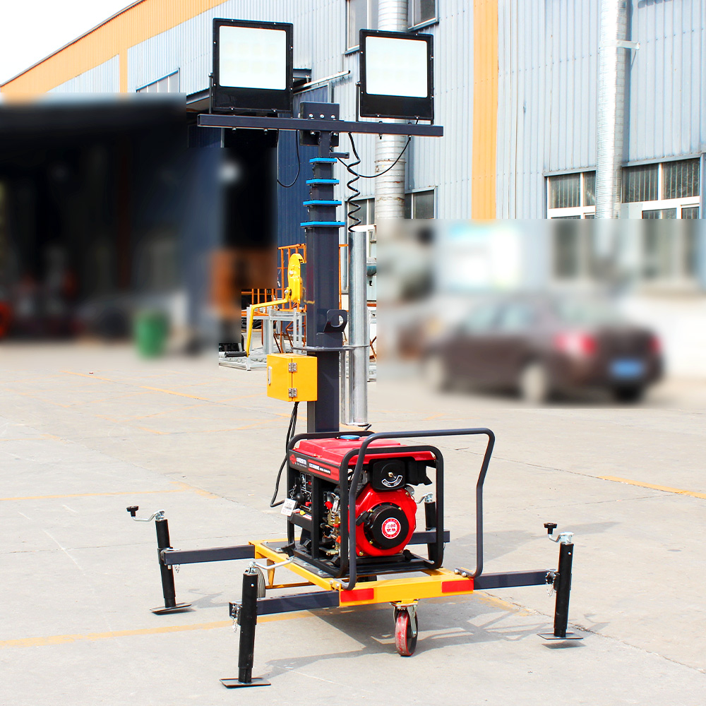 Heavy Duty Trailer Mounted Solar Diesel Hybrid Hydraulic Telescopic Mast 4 LED Floodlights Industrial 6m Mobile Light Tower