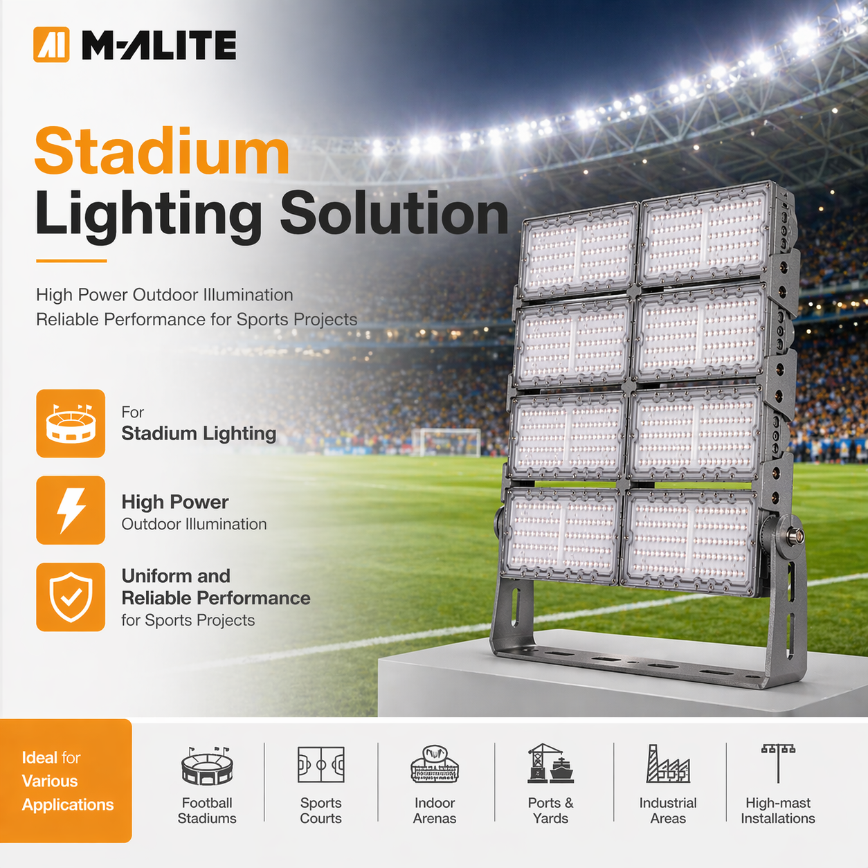 Efficient High Power LED Flood Light For Sports Field Warehouse Parking Lot And Roadway Outdoor Lighting
