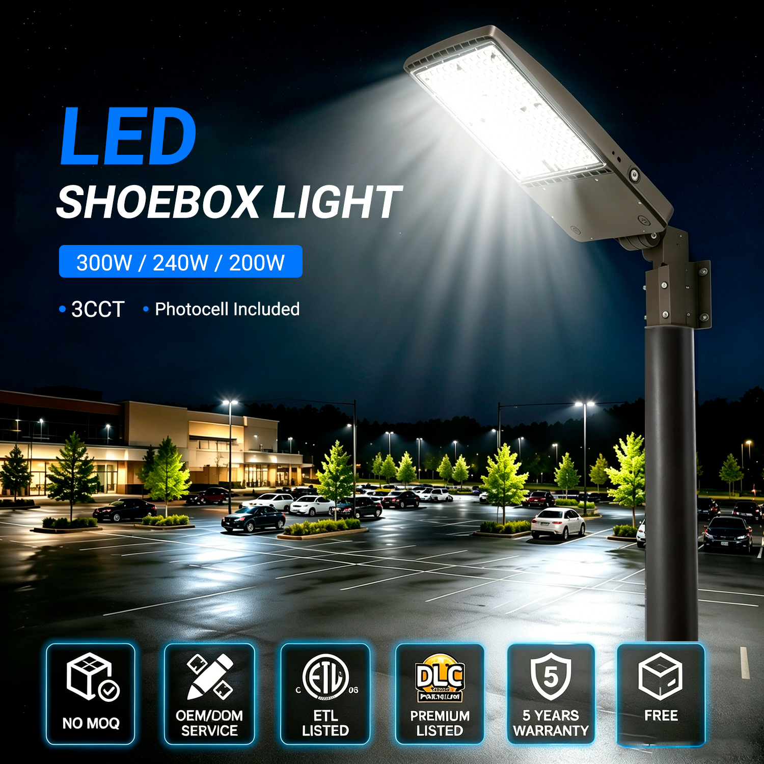 300W Commercial LED Area Lighting Dusk Mounted 300 Watts Led Shoebox Street Light Lamp for Parking Lot Aluminum Body IP65 Power