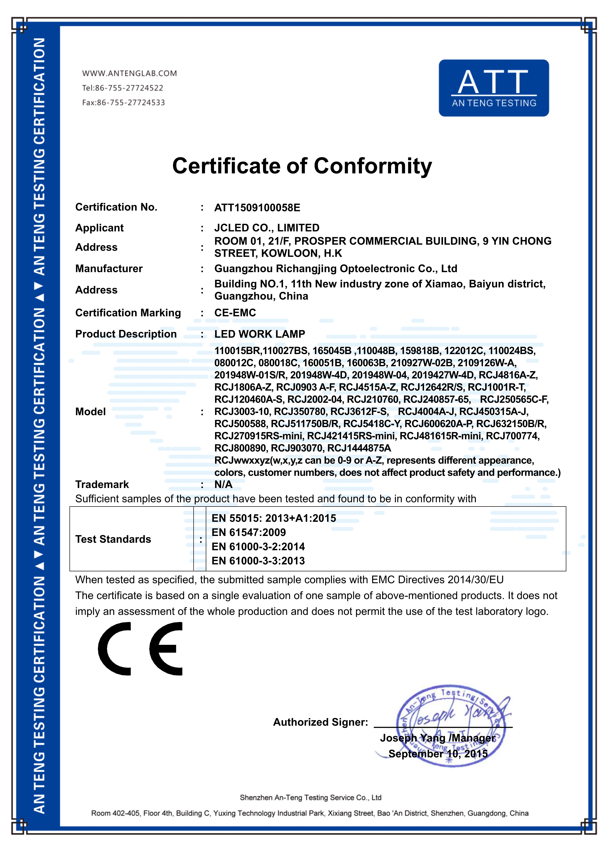 CE Certificate - LED WORK LAMP