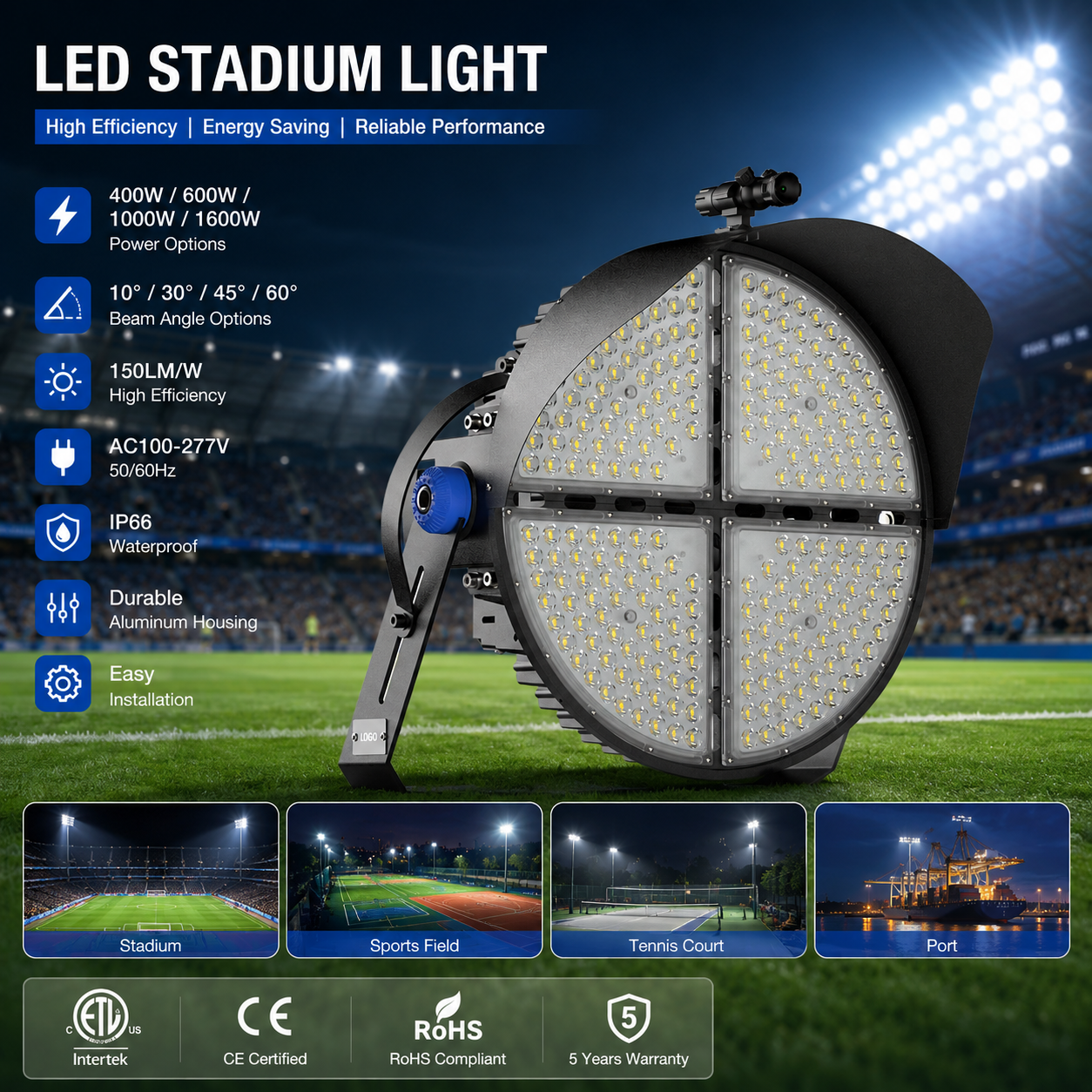Sport Football Stadium Light Outdoor IP66 Waterproof 150lm/w 400W High Mast LED Flood Light