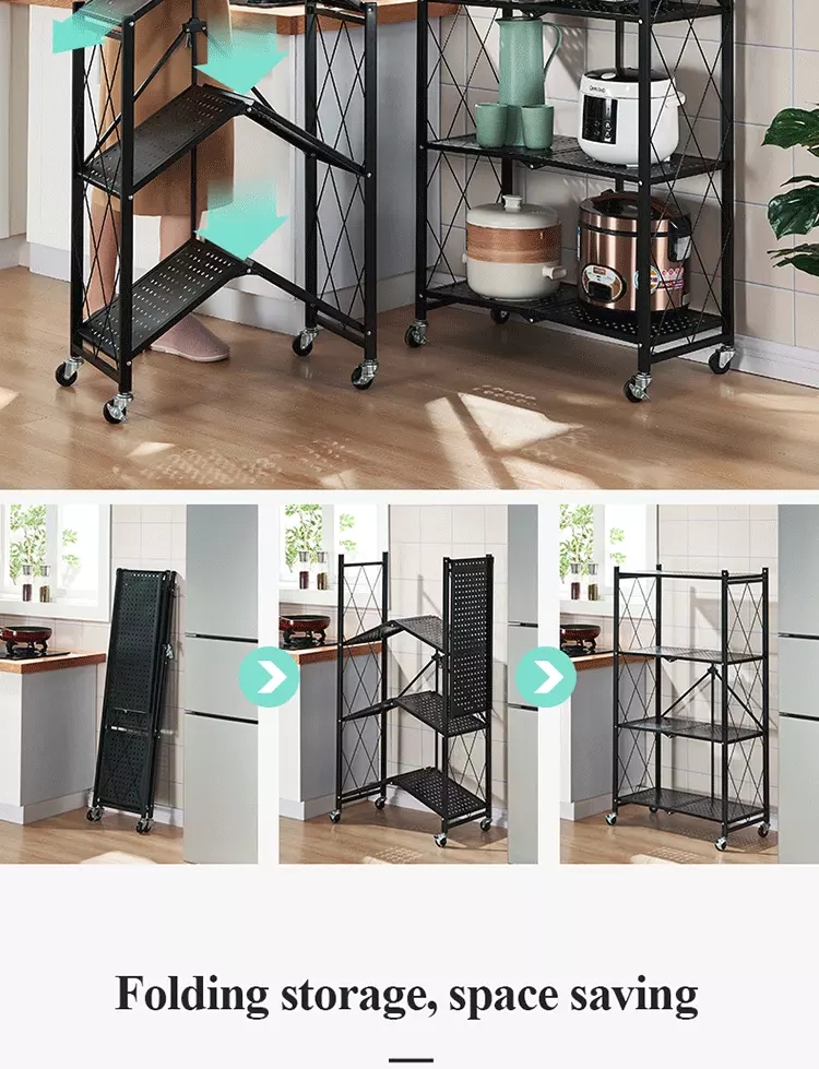3 Tier Metal Durable General Purpose Multifunctional Foldable Collapsible Household Rolling Storage Rack