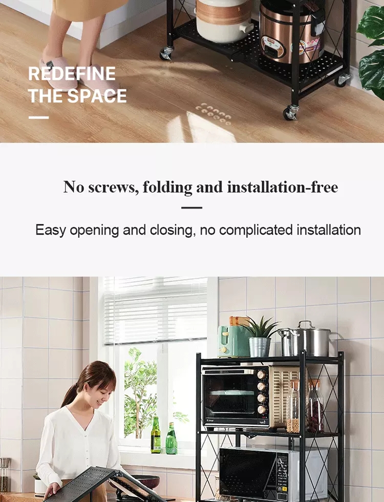 3 Tier Metal Durable General Purpose Multifunctional Foldable Collapsible Household Rolling Storage Rack
