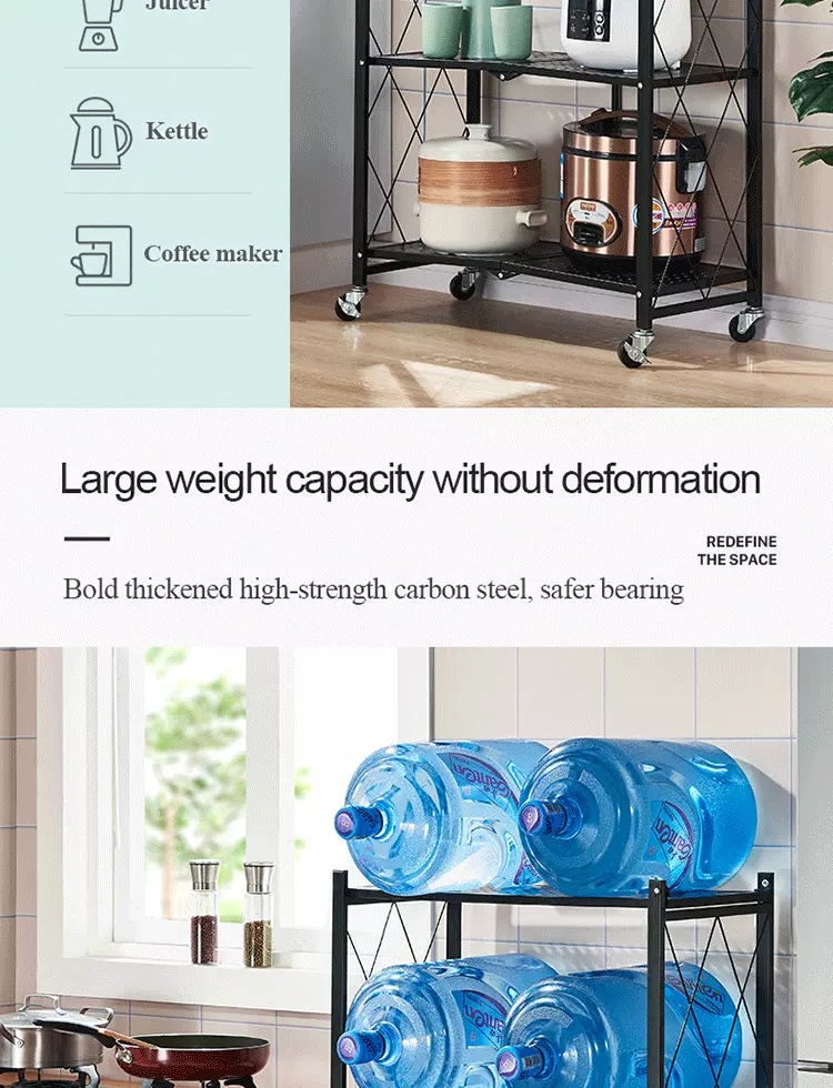 3 Tier Metal Durable General Purpose Multifunctional Foldable Collapsible Household Rolling Storage Rack