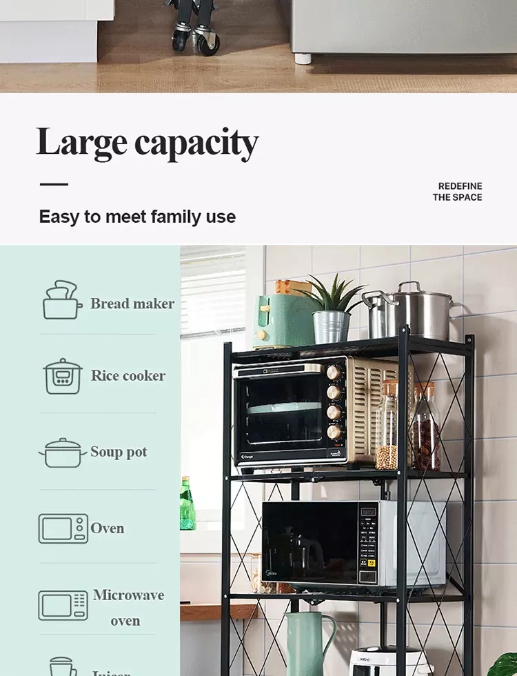 3 Tier Metal Durable General Purpose Multifunctional Foldable Collapsible Household Rolling Storage Rack
