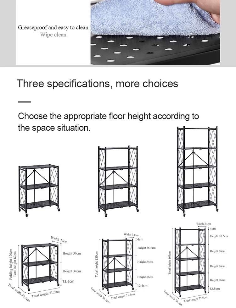 3 Tier Metal Durable General Purpose Multifunctional Foldable Collapsible Household Rolling Storage Rack