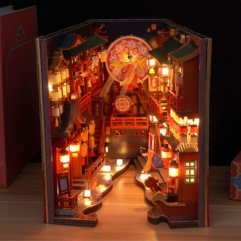 Chinese street scene miniature book nook with warm LED lighting