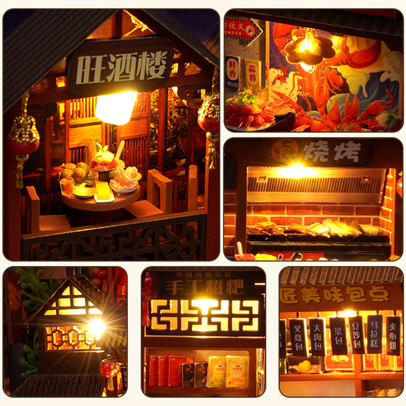 Miniature street scene packed with tiny shop details and decorative elements