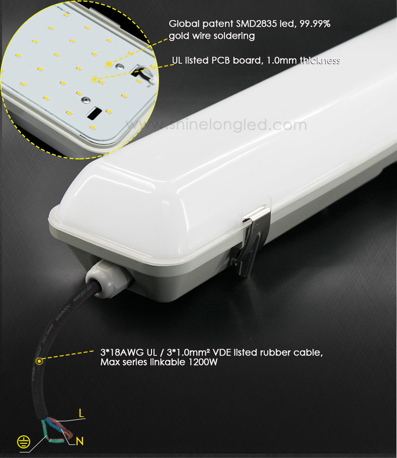 Shinelong High Quality Led Vapor Tight Light Cold Storage Waterproof Led IP65 20w 40w 120 Degree 3000-6500K LED Triproof Light