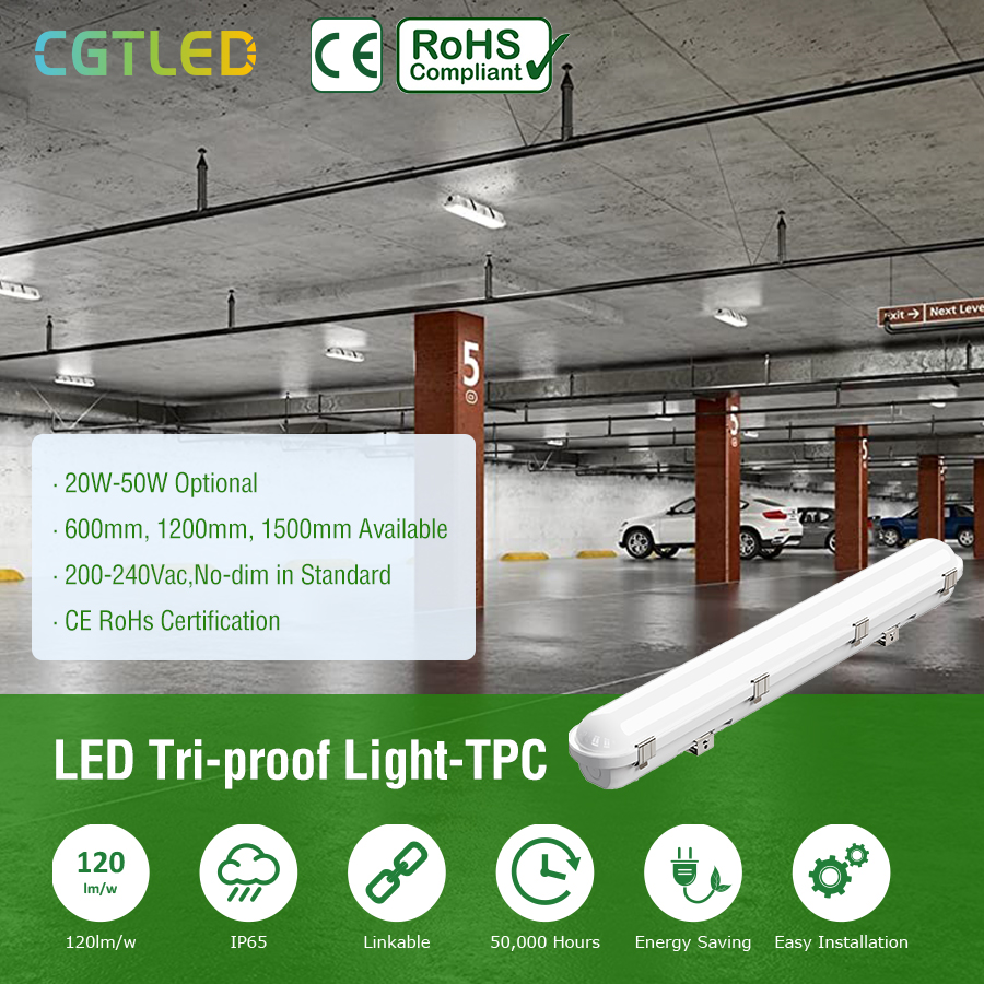 1200mm 1500mm IP66 Switchable 3-CCT LED Strip Light 40W Tri-proof Lighting for Office and Warehouse