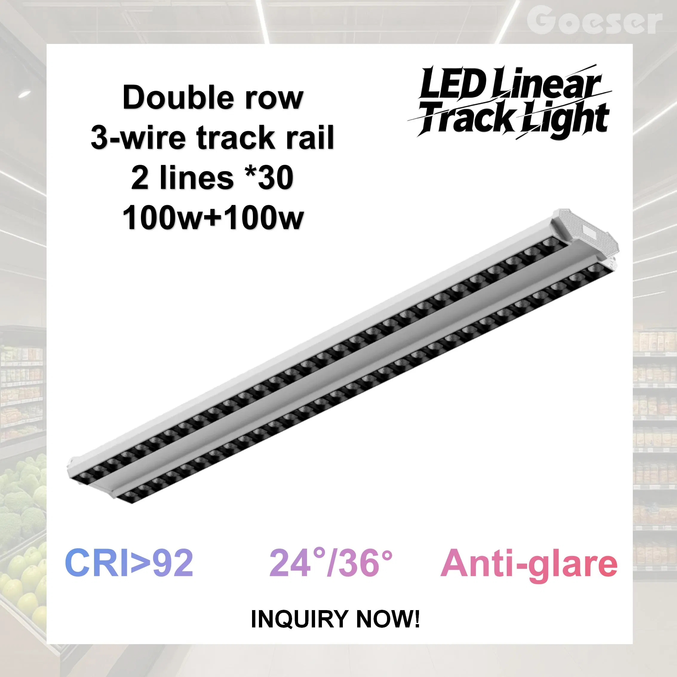 Goeser 3-Wire Premium Aluminium Double Row Adjustable 100W+100W Linear LED Track Light for Supermarkets and Exhibitions Displaying