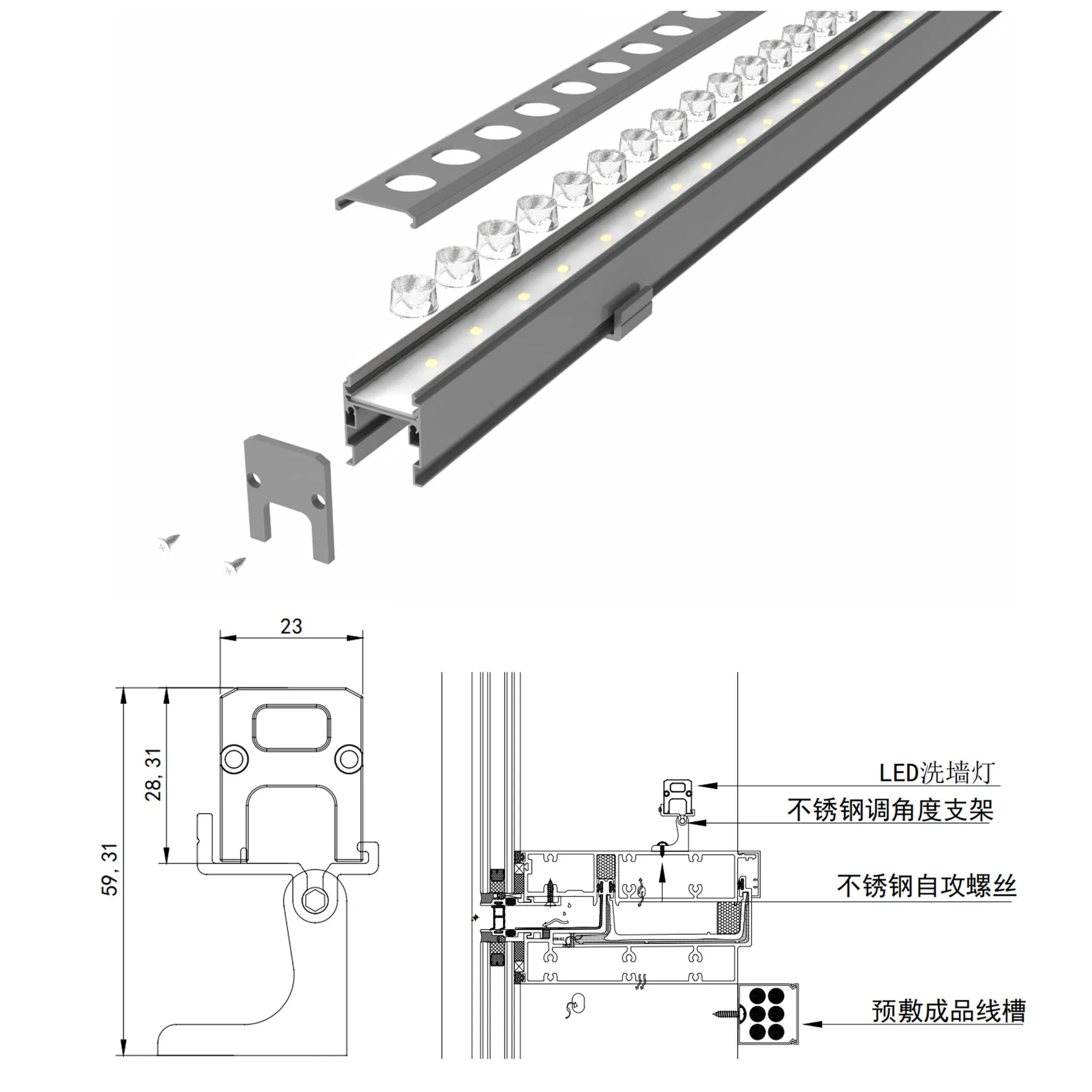 DMX512-a Protocol DC24V IP65 Jyfx07 Anti Glare 12W 1800K-10000koption LED Wall Washer