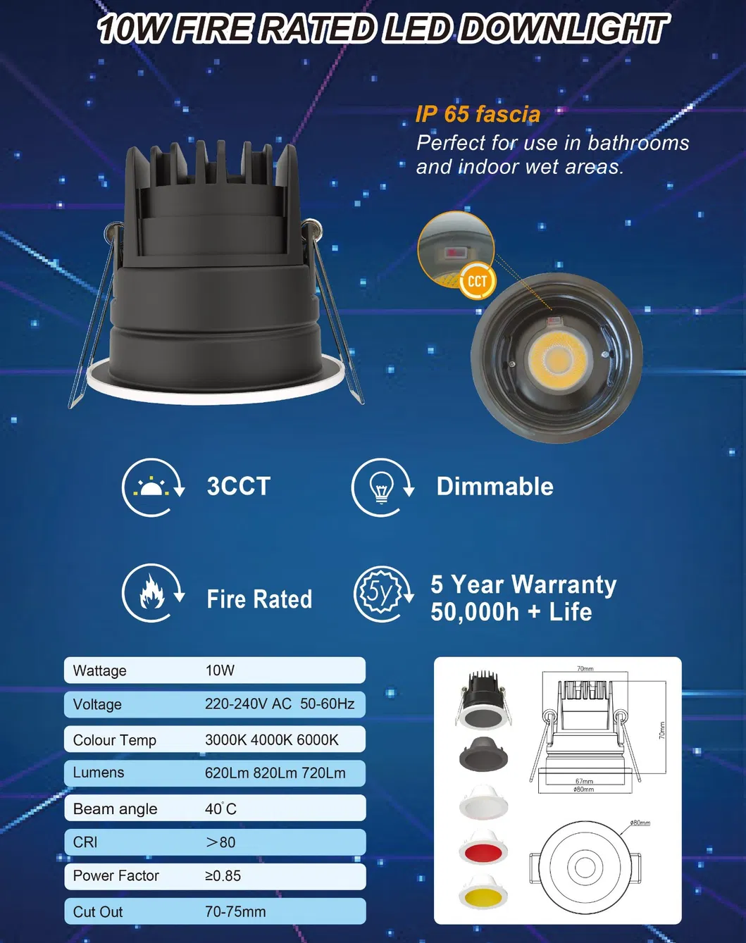 Fire Rared 5W 6W 7W 8W 10W 3CCT IP65 Dimmable COB LED Ceiling Downlight