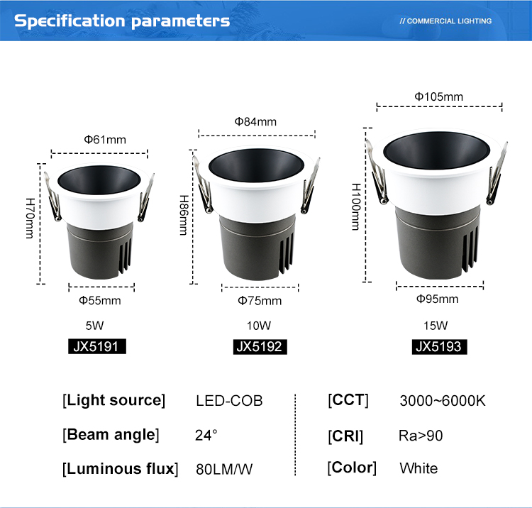 Recessed LED Downlight IP20 COB Spotlight 5W 10W 15W for Indoor Room