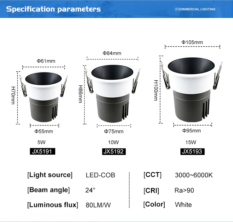 Recessed LED Downlight IP20 COB Spotlight 5W 10W 15W for Indoor Room