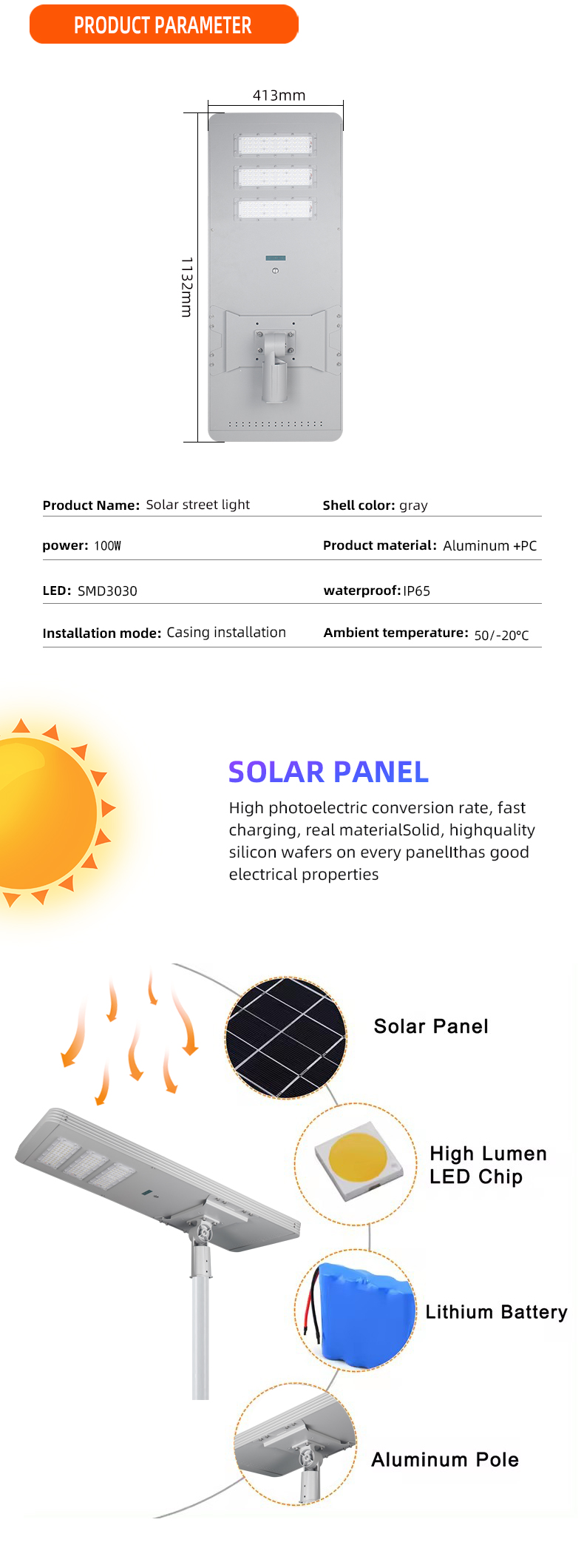 Integrated Solar Street Light Functional Detail Display