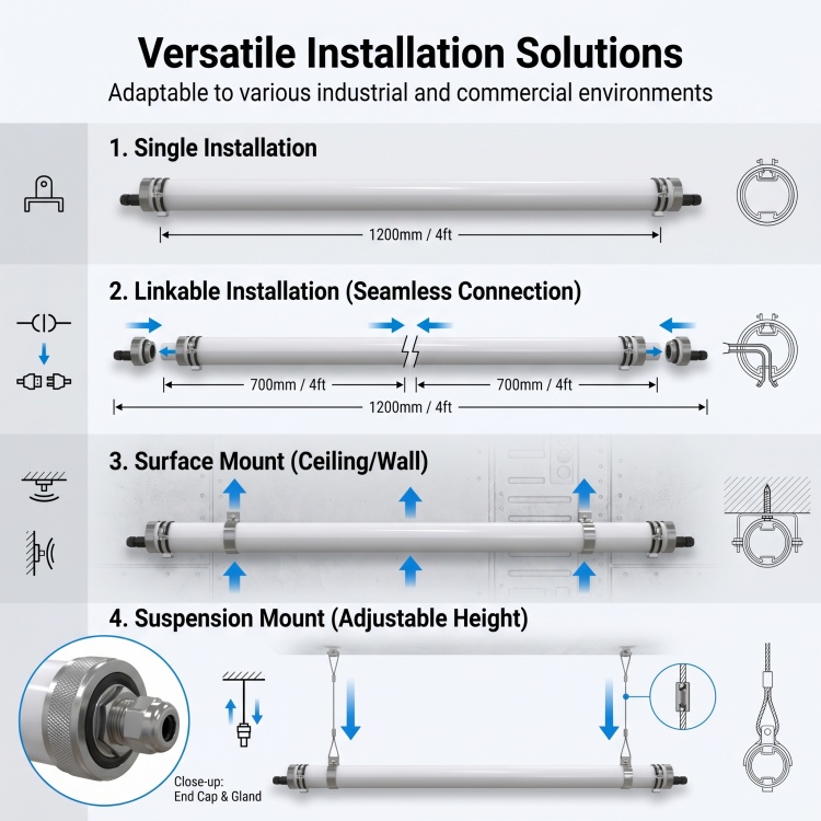 Stock in EU LED Light Fixture 4ft 60W 3000K-6500K Wattage 5CCT Selectable IP65 LED Garage Tri-Proof Light