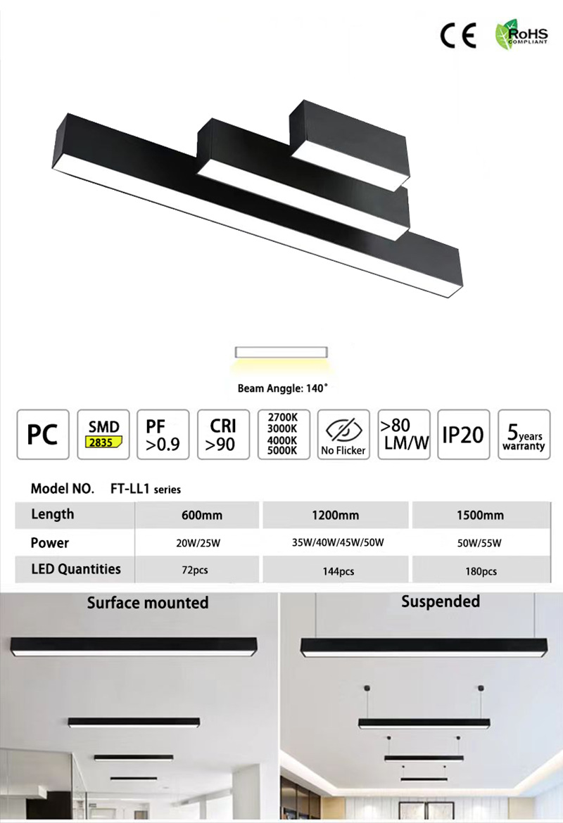 20W-80W Dimmable LED Linear Ceiling Light Suspended Linkable Aluminum Profile Bar Light for Office &amp; School Lighting