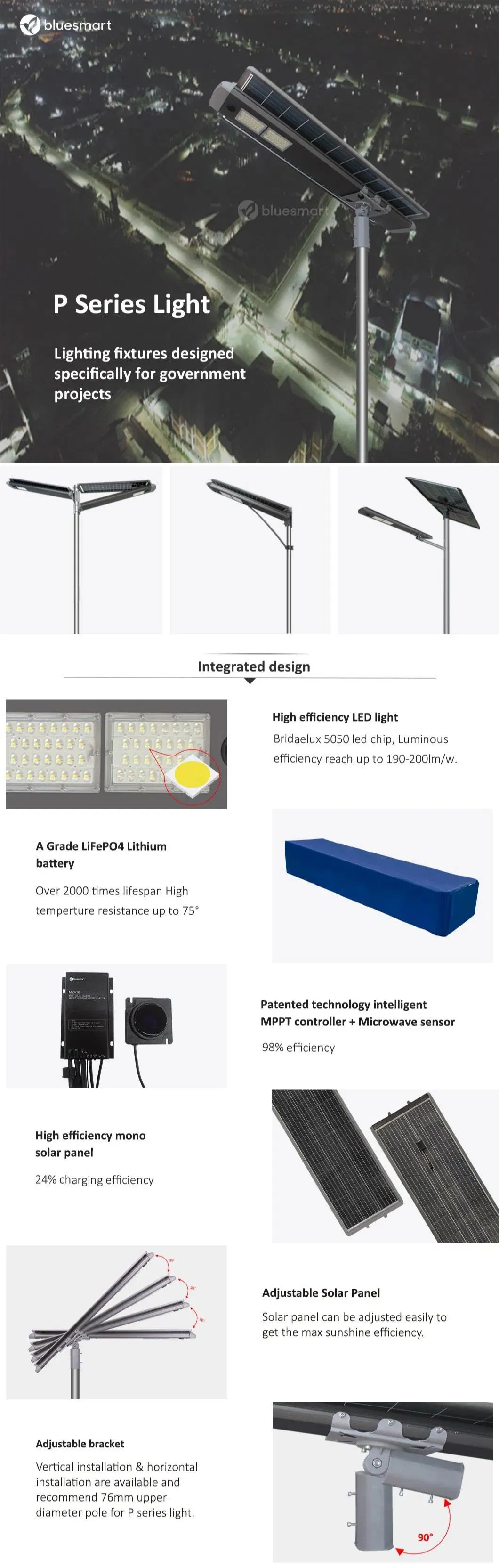 100W IP68 IP65 Integrated LED Solar Street Light with Pole Parking Lot Light