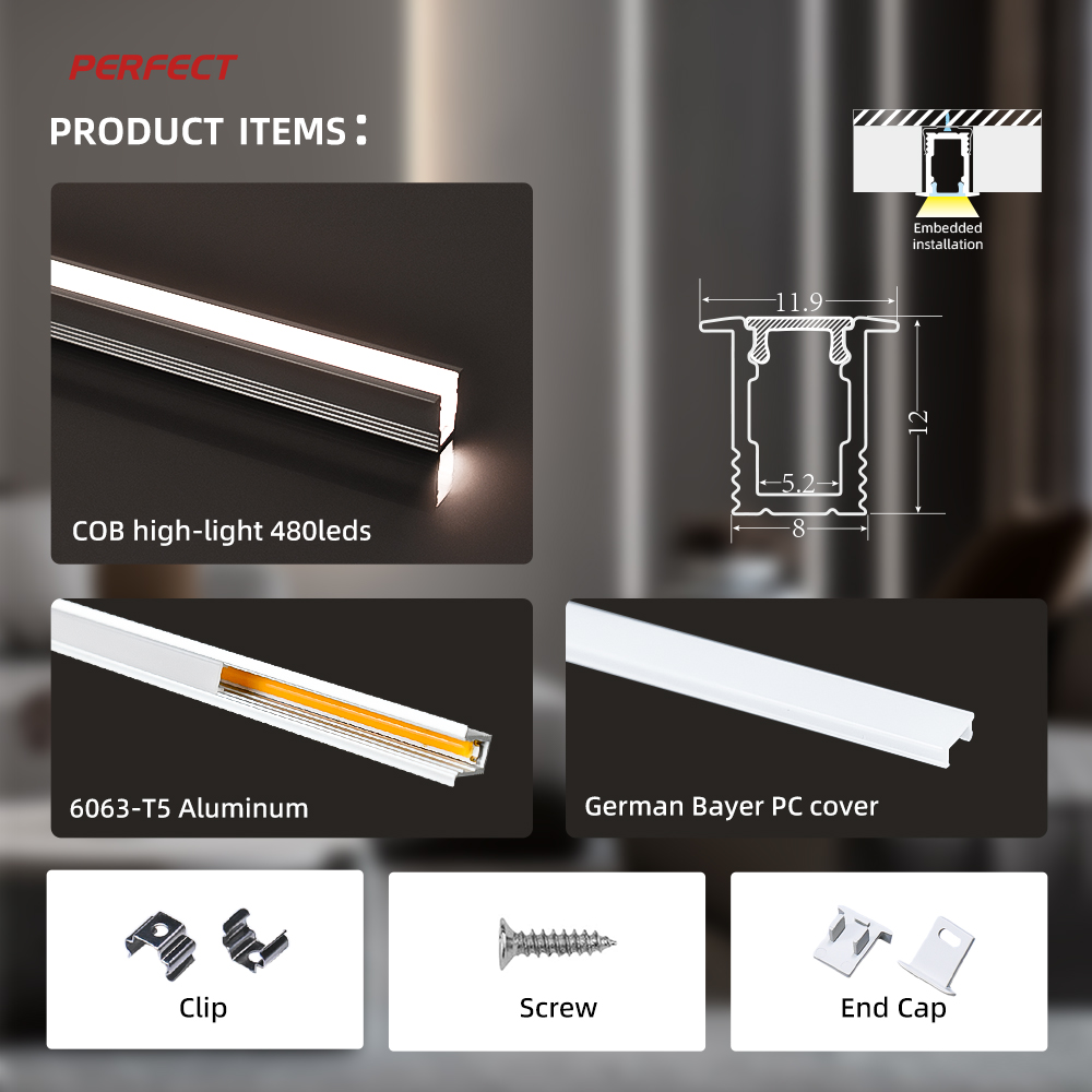 PERFECT Ultra-thin Recessed Aluminum Profile Led Linear Light with COB 384 Leds/m 12v 24v and Bayer PC Cover for Cabinet Light